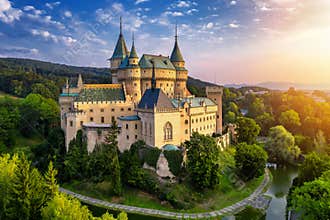 Aerial view of Bojnice medieval castle, UNESCO heritage in Slovakia. Romantic castle with gothic and Renaissance elements built in