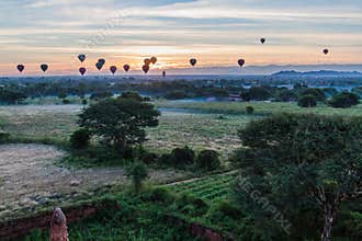 Balloons over Bagan and the skyline of its temples, Myanm