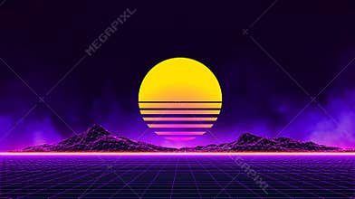 Abstract digital retro landscape. Wireframe landscape background. Big Data