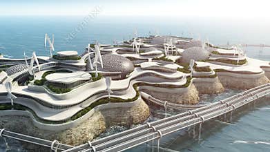 Island City future concept with transport network and modern windmills
