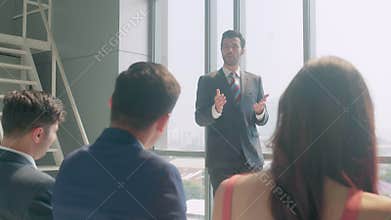 Business group seminar with leader in the office, executive presentation and meeting collaboration