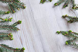 Fir borders on wooden background. Top view of Christmas frame