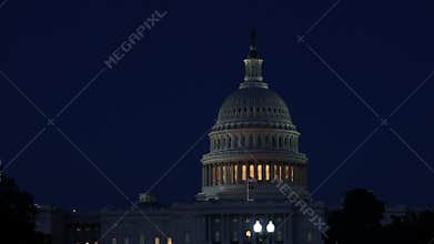 American Capital Building in Washington DC of illuminated dome at night.