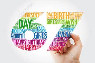 Happy 67th birthday word cloud with marker, collage concept