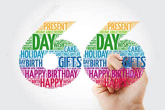 Happy 66th birthday word cloud with marker, collage concept