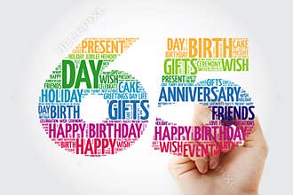 Happy 65th birthday word cloud with marker, collage concept