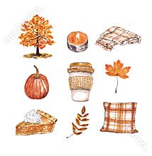 Watercolor autumn illustration. Coffee latte cup, pumpkin, pie, tree, foliage, pillow, candle, isolated. Fall graphics