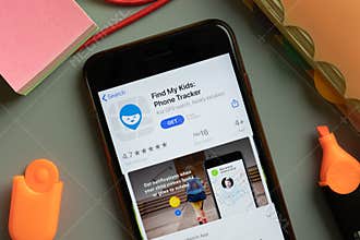 New York, USA - 29 September 2020: Find my Kids Phone Tracker mobile app logo on phone screen close up, Illustrative Editorial