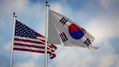 United states and south korea cooperation and friendship shown by flagpoles