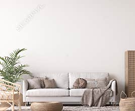 Wall mockup in living room design, White sofa in Scandinavian interior