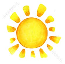 Sun cartoon watercolor. Children`s illustration of the sun drawn by hand.