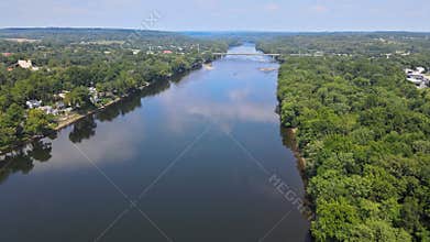 Overhead of Delaware river landscape, view near small town historic New Hope Pennsylvania American town of Lambertville
