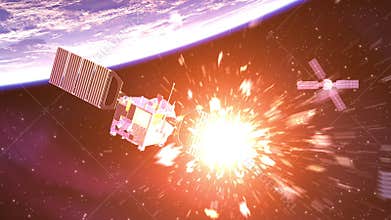 Military Spaceship Shoots Down An Enemy Satellite With A Laser Beam