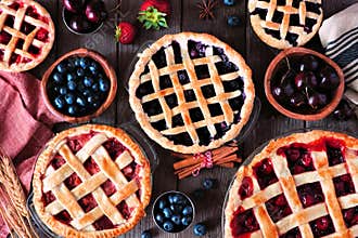 Variety of homemade fruit pies. Top view table scene over rustic wood.