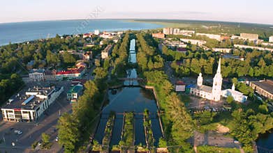 A view of the ruins of ancient gateways at the entrance of the Staroladozhsky Canal in Shlisselburg, Leningrad, Russia