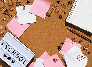 Board back to school, office supplies flat lay. Stickers, stationery. Workplace template with copy space clipart