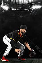 Porfessional baseball player on grand arena. Ballplayer on stadium in action.