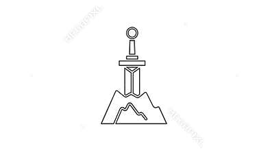 Black line Sword in the stone icon isolated on white background. Excalibur the sword in the stone from the Arthurian