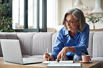 Stylish mature older woman working from home on laptop taking notes.