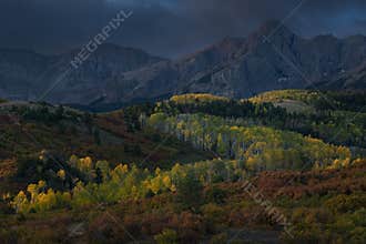 Sunrise at Dallas Divide with aspen trees in fall color