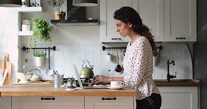 Woman standing in kitchen use laptop do creative freelance work