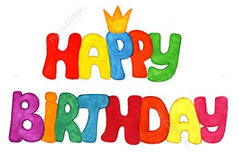 Multicolored happy birthday text and small crown on it. Isolated on white background.