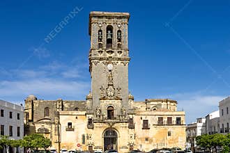 Bell tower of Santa Maria de la Asuncion church in Arcos de la Frontera, Spain