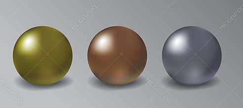 Blank mockup spheres set. Metalic three-dimensional objects. Gold, silver and bronze. Realistic vector iron ball. Globe