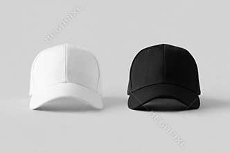 White and black baseball caps mockup on a grey background, front view