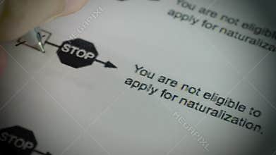 A pen marks a disqualifying checkbox on a US naturalization form