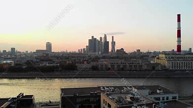 A sunset aerial shot of skyscrapers of Moscow International Business Center, Moscow-city. Moscow aerial high altitude