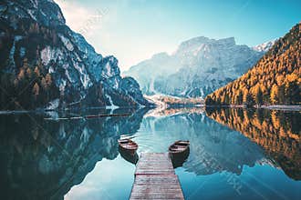 Boats on the Braies Lake  Pragser Wildsee  in Dolomites mountains, Sudtirol, Italy