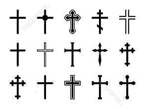 Christian cross. Jesus Christ crucifix, different shapes of orthodox and catalytic crosses religious silhouette signs