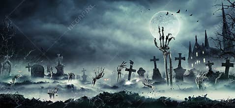 Skeleton Zombie Hand Rising Out Of A GraveYard