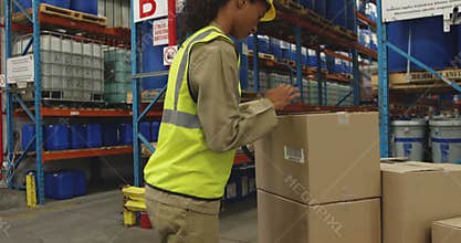 Young female worker using barcode scanner in a warehouse