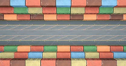 Drone view of stacked cargo shipping containers at transportation sea port
