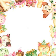 Happy birthday watercolor frame with dog, cat, balloons, gifts