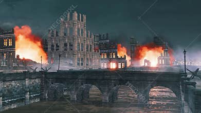 Destroyed after war city on the river at night 4K