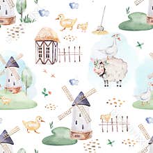 Watercolor seamless pattern with cute farm animals with goat, horse, goose and cow. chicken, sheep and pig domestic