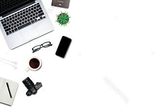 \"Top view, Flat lay style, Travel set, Working desk, computer, laptop, smart phone, coffee, mug, glasses, notebook and a lot of