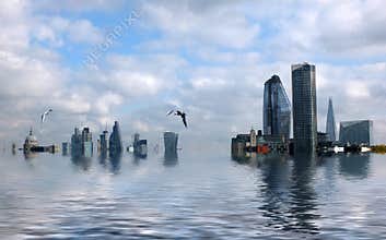 Conceptual image of the city of london with buildings flooded due to global warming and rising sea levels and gulls