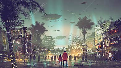 The futuristic city with colorful light