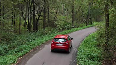 Aerial view of red car driving on country road in forest.