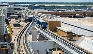 HOUSTON, TX - AUGUST 22, 2019 - IAH George Bush Intercontinental International Airport with the view of SkyWay Tram. It serves to