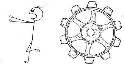 Cartoon 2D Stick Character Animation of Man or Businessman Running in Fear or Panic from Cogwheel. Alpha Mask Included.