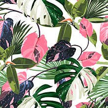 Tropic summer painting seamless pattern with exotic pink liana branch and palm monstera leaves.
