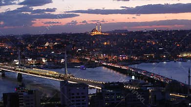 Istanbul night wide angle view. Istanbul, Turkey. April 10, 2019