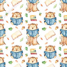 Watercolor seamless pattern with hedgehog reading school books