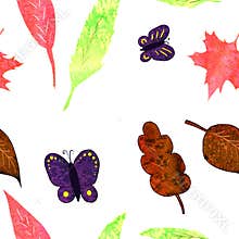 Colorful butterfly and leaves seamless pattern . Watercolor, hand painted, isolated on white background