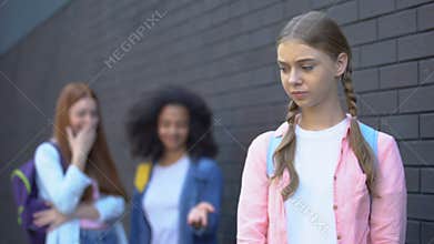 Cruel school pupils laughing at classmate, college mocking , social inequality